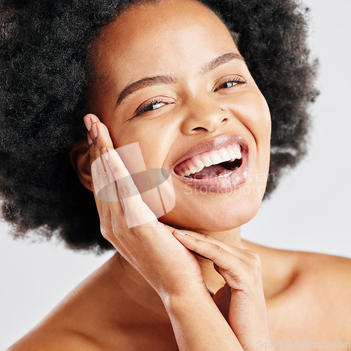 Image of Skin care, beauty and portrait of a black woman with dermatology, cosmetics or natural makeup. Closeup and face of a happy African female model in studio for facial glow, self love and soft touch