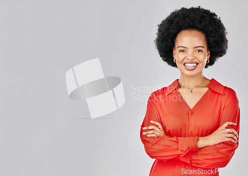 Image of Portrait, mockup and black woman with arms crossed, business and entrepreneur against a white studio background. Female person, fashion designer or happy model with happiness, career and professional