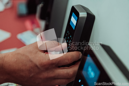 Image of Door access control by Fingerprint Scanner, Facial recognition and Key Card, Security Concept.