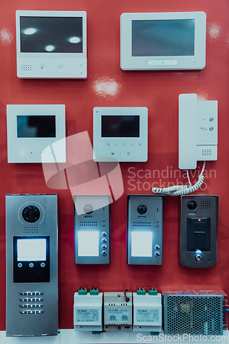 Image of Modern shops with equipment for the protection agency. Security cameras, intercoms and many other equipment for the protection of houses, vehicles or buildings.
