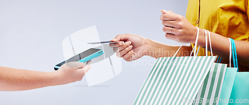 Image of Card machine, shopping and woman hands, POS online payment and digital service or fashion fintech in studio. Bag and credit of customer, cashier or people at point of sale on white background banner