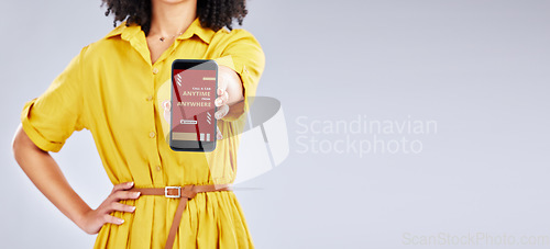 Image of Hands, phone screen and woman with app for taxi isolated in studio on a white background mockup space. Smartphone, travel and person with application, advertising and marketing to call transportation