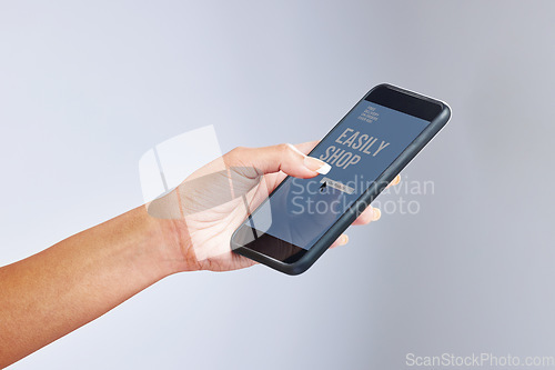 Image of Hand, phone screen and online shopping app in studio with search, scroll and click for choice by white background. Person, smartphone and website for e commerce, easy customer experience and sales