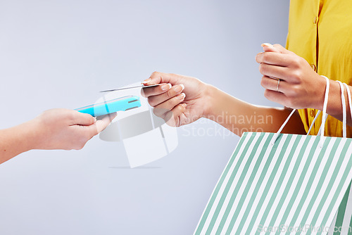 Image of Card machine, shopping POS and woman hands, online payment and digital service or fashion fintech in studio. Retail, bag and credit of customer, cashier or people at point of sale on white background