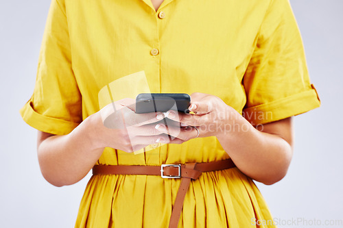 Image of Phone, chat or hands of woman in studio on social media, mobile app or internet web networking online. Texting, research or closeup of person typing on digital technology web on white background