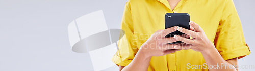 Image of Phone, banner or hands of person in studio scrolling on social media, mobile app or internet. Online, research or closeup of woman typing on digital technology on white background with mock up space