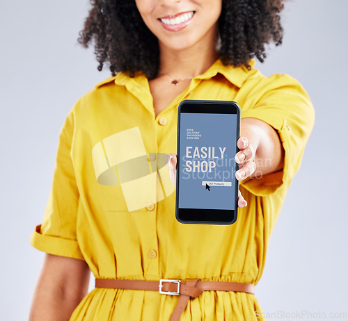 Image of Hands, phone screen and woman with app for online shopping, sales and isolated in studio on a white background. Smartphone, advertising and person with promotion for ecommerce, fintech or retail deal