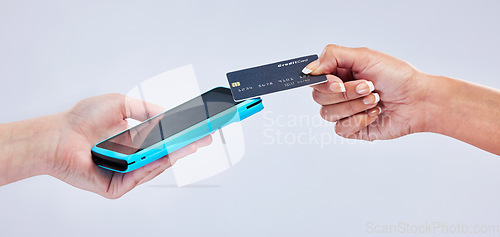 Image of Card machine, people hands and POS shopping, online payment and digital service or e commerce fintech in studio. Customer debit, woman credit and cashier at point of sale on a banner white background
