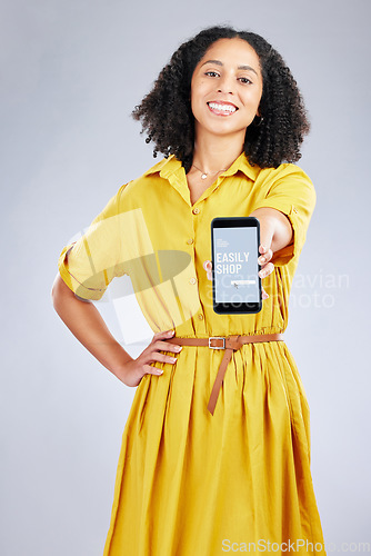 Image of Portrait, phone screen and woman with app for online shopping, sales and isolated in studio on a white background. Smartphone, advertising or person with promotion for ecommerce, deal offer and smile