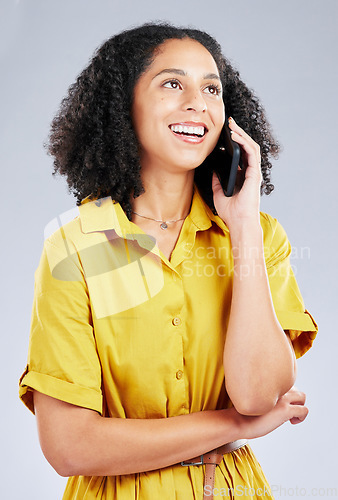 Image of Woman thinking, phone call and ideas for communication student decision and happy advice on white background. Information, college feedback and opportunity of young african person on mobile in studio