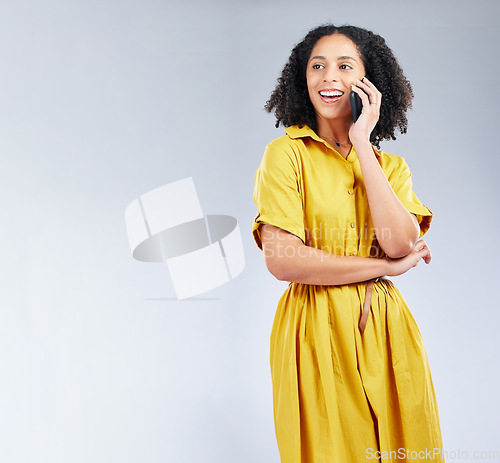 Image of Happy woman, phone call and thinking of business communication, decision and creative advice on studio mockup. Ideas, information space and african person with mobile opportunity on white background