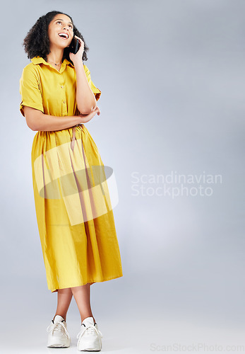 Image of Woman thinking, phone call and happy communication with fashion decision and funny advice on studio mockup. clothes ideas, information space and young african person on mobile and on white background