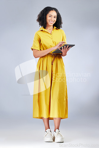 Image of Studio tablet, happy portrait and woman with online blog story, news article or typing internet, website or research. Communication, app user and person search web information on white background