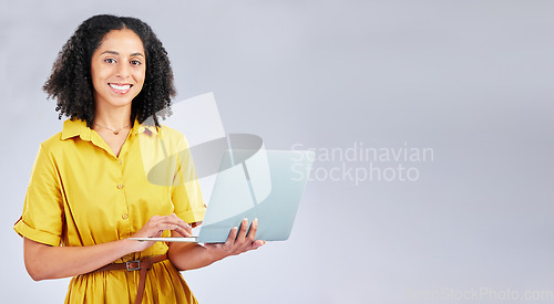 Image of Happy, mockup and portrait of a woman with a laptop for communication, email or internet. Smile, corporate and a girl or employee typing on a computer with space isolated on a studio background