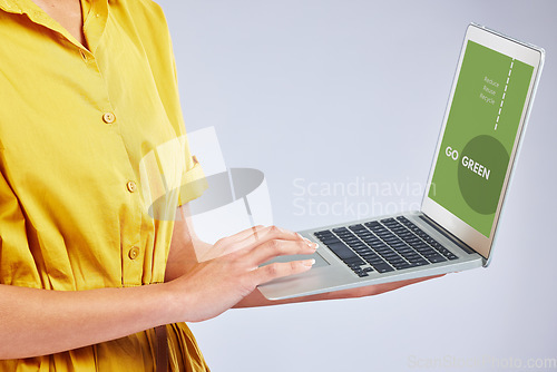 Image of Woman hands, laptop screen and eco friendly website, sustainability research and green technology on white background. Typing, planning and climate change of person on computer and website in studio