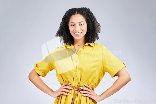 Image of Happy, space and portrait of business woman in studio for professional, creative and designer. Pride, startup and happiness with employee on white background for career, entrepreneur and mockup