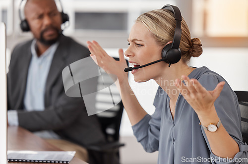 Image of Frustrated, glitch and call center with business woman in office for anxiety, burnout and mental health. Consulting, receptionist and customer service with employee for anger, fatigue and problem