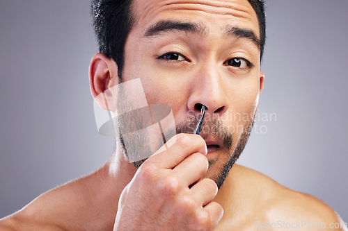 Image of Tweezer, nose hair and portrait of man in studio for beauty, hygiene or grooming. Pain, epilation and face of an asian male person for skincare, self care and cosmetic tools on grey background