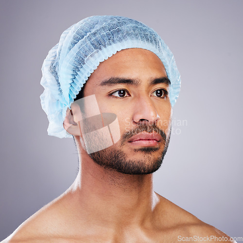 Image of Plastic surgery, dermatology or man in studio for skincare, facelift and collagen on white background. Facial treatment, medical and person ready for lip filler, implant or aesthetic transformation