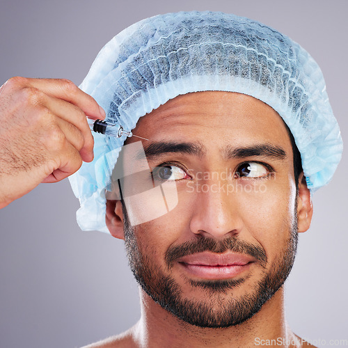 Image of Hand, face and needle with a man in studio on a gray background for silicon injection. Facelift, beauty and plastic surgery with a male customer in a clinic for antiaging filler or cosmetics