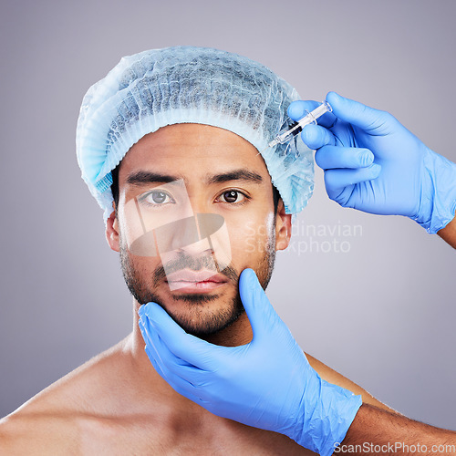 Image of Hands, portrait and transformation with a man in studio on a gray background for an injection. Face, beauty and plastic surgery with a male customer in a clinic for antiaging filler or cosmetics