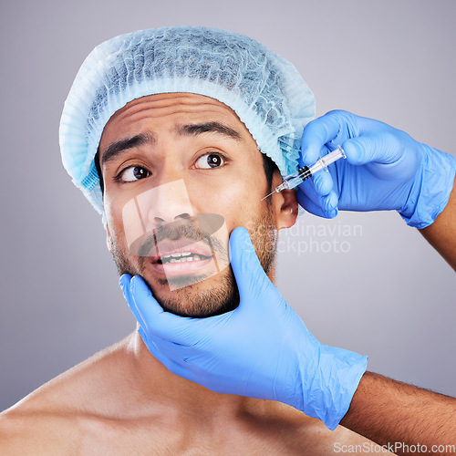 Image of Scared, man or plastic surgery injection for facelift or cosmetics isolated in studio on white background. Hands, fear or worried Asian male person with needle for skin beauty in medical procedure