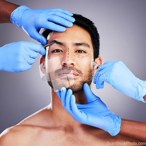 Image of Beauty, plastic surgery and injection with portrait of man in studio for prp, aesthetics or collagen. Spa, skincare and dermatology with person on gray background for facial, cosmetics or face filler