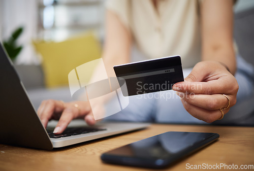 Image of Hands, credit card and ecommerce on laptop in home for digital payment, fintech password and online shopping. Closeup of person, computer and customer banking for financial bills, budget and account