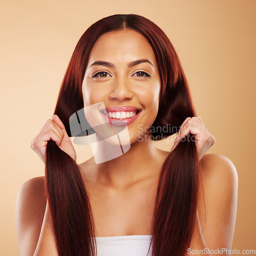 Image of Haircare, beauty and portrait of happy woman with strong hair and luxury salon treatment on brown background. Smile, haircut and shine, face of model with natural cosmetics and makeup glow in studio.