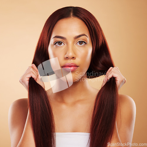 Image of Haircare, beauty and portrait of woman with strong hair and luxury salon treatment on brown background. Aesthetic glow, haircut and care, natural face of model with cosmetics and makeup in studio.