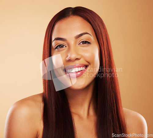 Image of Hair care, natural beauty and portrait of happy woman with glow, luxury salon treatment and brown background. Aesthetic, haircut and haircare, face of model with cosmetics and keratin shine in studio