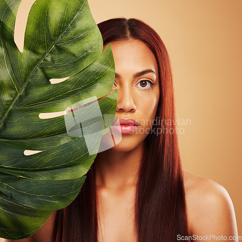 Image of Beauty, leaf and portrait of woman in studio for natural dermatology, cosmetics or wellness results. Skin care, nature and monstera plant for eco friendly facial of model person on brown background