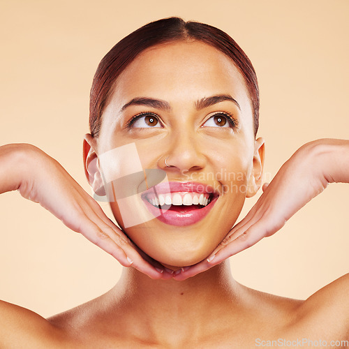 Image of Skincare, beauty hands and face of woman in studio isolated on a brown background. Cosmetics, happy and natural model with spa facial treatment for dermatology, aesthetic and wellness for skin health