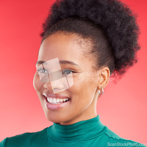 Image of Thinking, face and a black woman on a red background with a smile for fashion, style or ideas. Happy, hair and facial profile of an African girl or model with vision of elegance on a backdrop