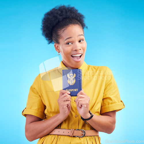 Image of African woman, passport and studio with smile, thinking or wow for compliance, identity or travel by blue background. Happy student girl, surprise and ideas for immigration document in South Africa