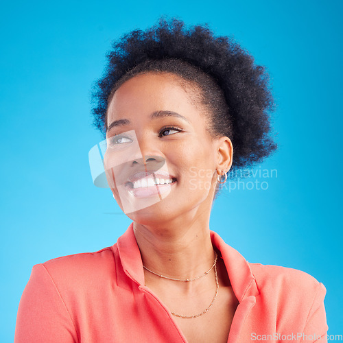 Image of Happy, thinking and business with face of black woman in studio for professional, creative or pride. Entrepreneur, career and happiness with employee on blue background for confidence and empowerment