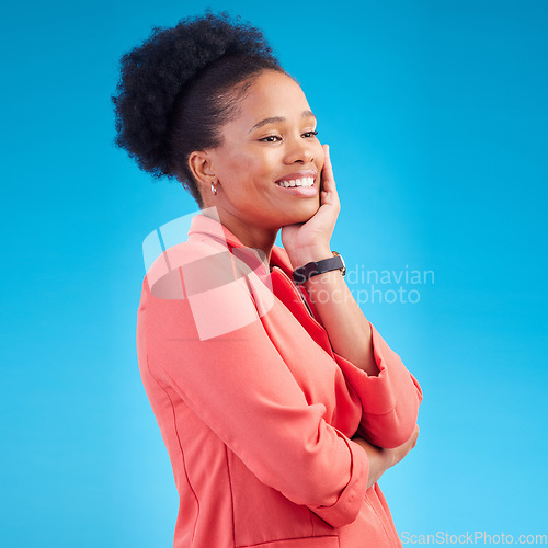 Image of Happy, thinking and business with black woman in studio for professional, creative and pride. Entrepreneur, idea and vision with female employee on blue background for confidence, decision and smile