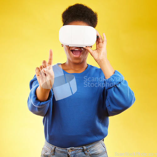 Image of Gaming, metaverse and 3d with black woman and vr in studio for digital, glasses and augmented reality. Technology, future and gamer with female person on yellow background for scifi and gen z