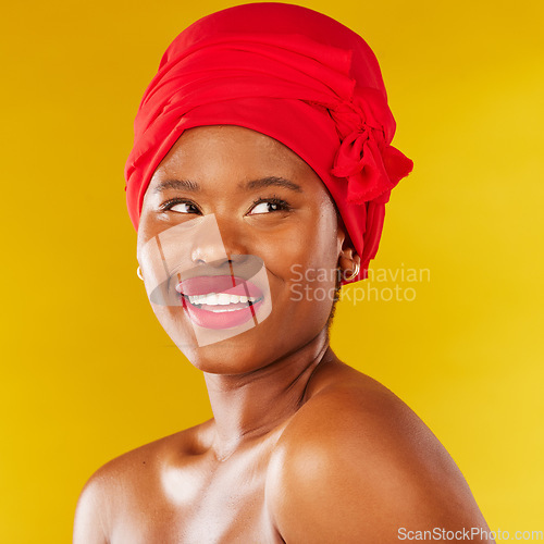 Image of Beauty, thinking and black woman with makeup and head wrap with smile isolated in yellow studio background. Happy, skin and skincare by young female person scarf for dermatology, wellness or cosmetic