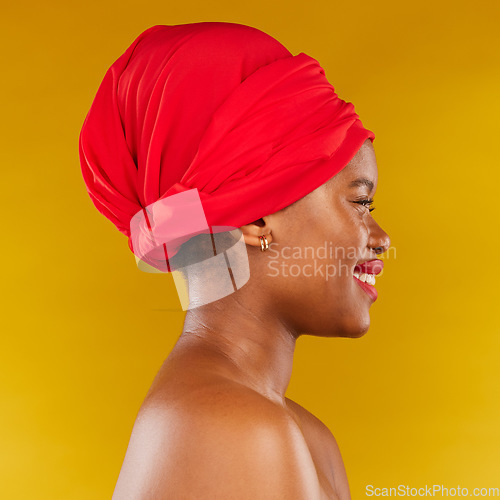Image of Happy face profile, red makeup and black woman with natural spa skincare, real aesthetic beauty or foundation cosmetics. Studio dermatology, head scarf or African person wellness on yellow background