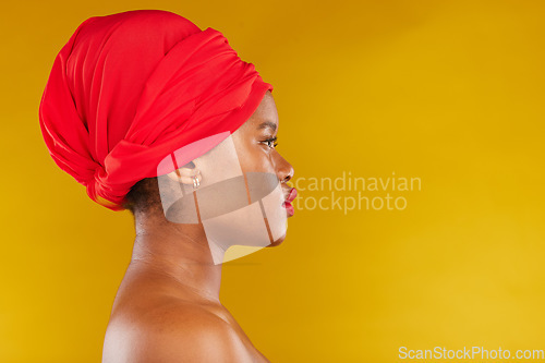 Image of Beauty face profile, red lipstick and black woman with skincare wellness, real aesthetic makeup or anti aging cosmetics. Advertising studio, head scarf and African person on mockup yellow background