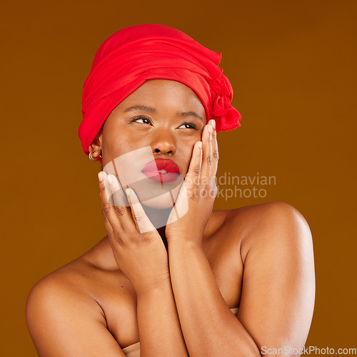 Image of Woman, face and hair scarf with skincare beauty, makeup and haircare in studio. Brown background, African female person and cosmetics of a model with head wrap for culture with dermatology glow