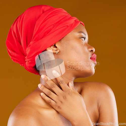 Image of Beauty, makeup and profile with face of black woman in studio for cosmetics, creative and pride. Skincare, salon and red lipstick with female model on brown background for wellness, self care or glow