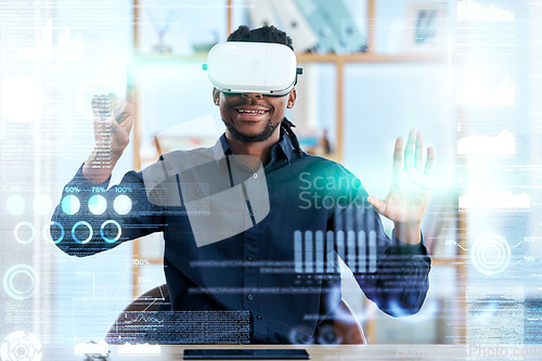 Image of Virtual reality, VR hologram and business man review stock exchange statistics, augmented administration or AI software. UI overlay, future economy metaverse and male trader work on 3D trading data