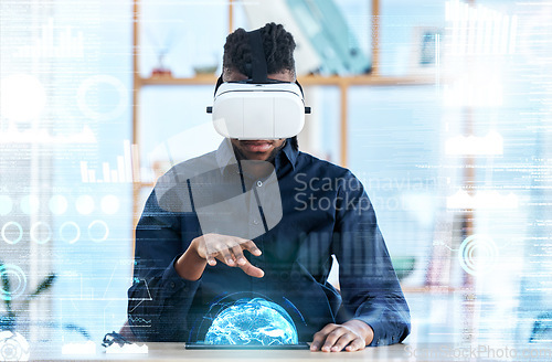 Image of Hologram, virtual reality and global business man review statistics, cyber administration or AI software. UI overlay, future economy metaverse and person with 3D headset and virtual world data