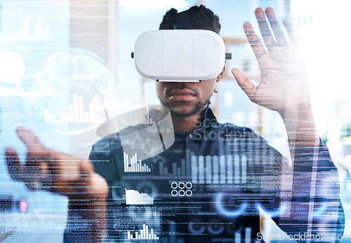 Image of Virtual reality, hologram and business man with a headset to review statistics, cyber administration or AI software. UI overlay, future economy metaverse and person with 3D or virtual world data