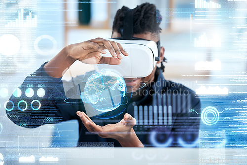 Image of Virtual reality, hologram and global business man review statistics, cyber administration or AI software. UI overlay, future economy metaverse and person with 3D headset and virtual world data