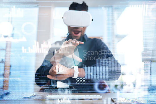 Image of Futuristic VR, wow or business man surprise with stock market analytics, augmented reality experience or crypto chart. Dashboard overlay screen, economy graphic or male broker working on trading data