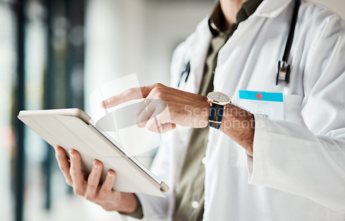 Image of Hands, tablet and man doctor typing message, social media or planning online schedule in hospital. Telehealth, search and male healthcare expert with digital advice, chat or email, research or check