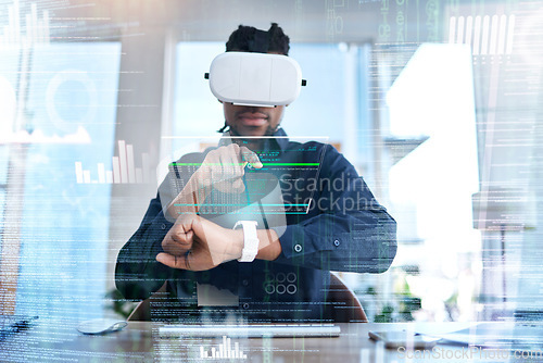 Image of Virtual reality, smart watch hologram and business man typing, scroll and check AI dashboard, AR hud or data overlay. Digital transformation, VR headset or male developer work on wrist clock software